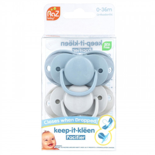 RaZbaby, Keep-It-Kleen, соска-пустышка, для детей 0–36 мес, синий и серый, 2 шт.