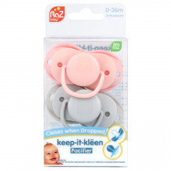 RaZbaby, Пустышка Keep-It-Kleen, для детей 0–36 мес, розовая и серая, 2 шт.