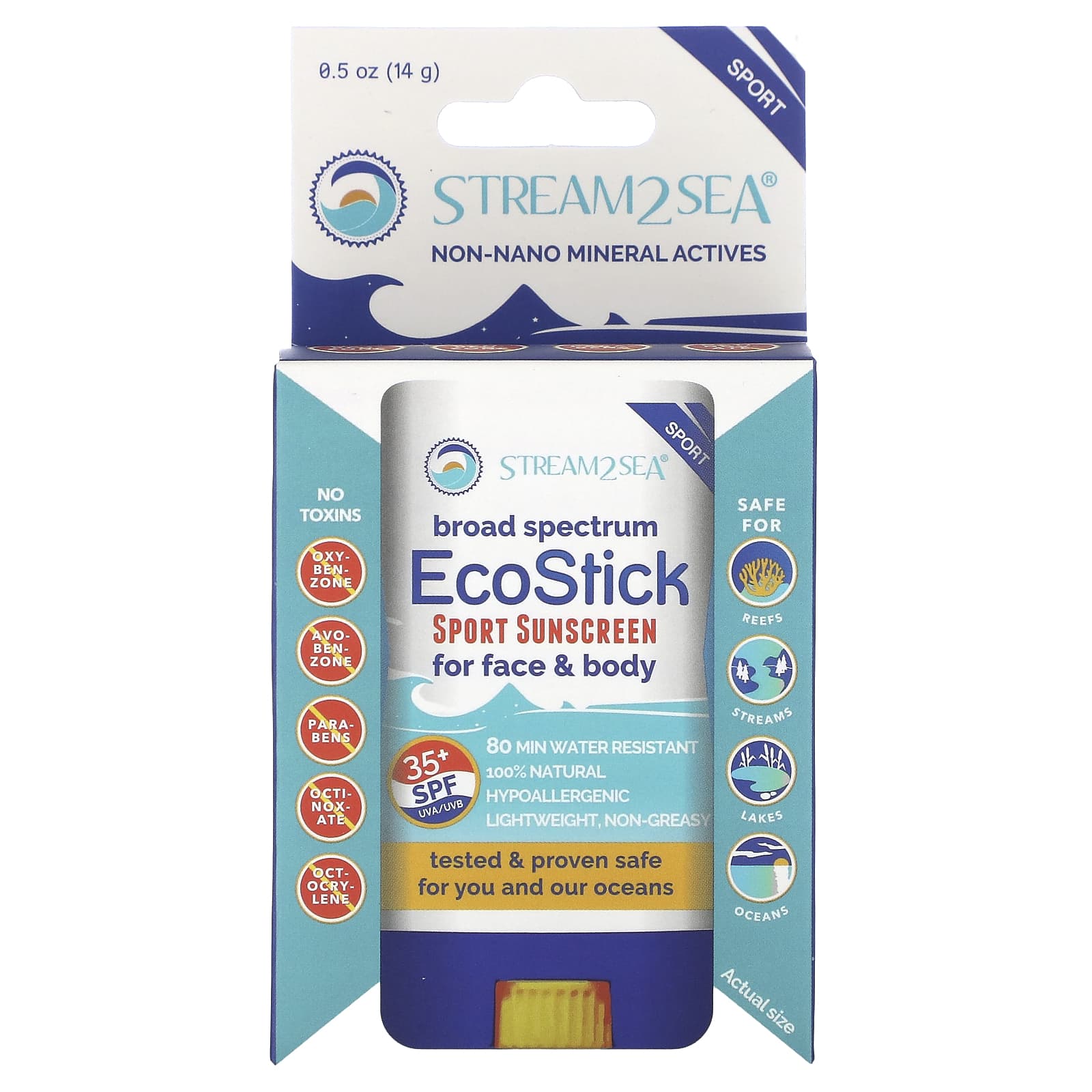 Stream2Sea, EcoStick Sport, солнцезащитный крем, SPF 35+, 14 г (0,5 унции)