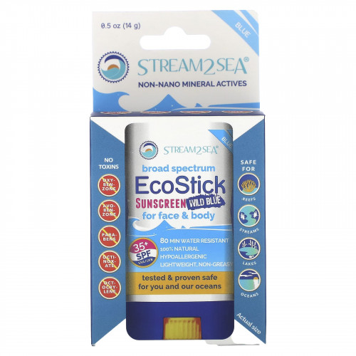 Stream2Sea, EcoStick Sunscreen Wild Blue, SPF 35+, 14 г (0,5 унции)
