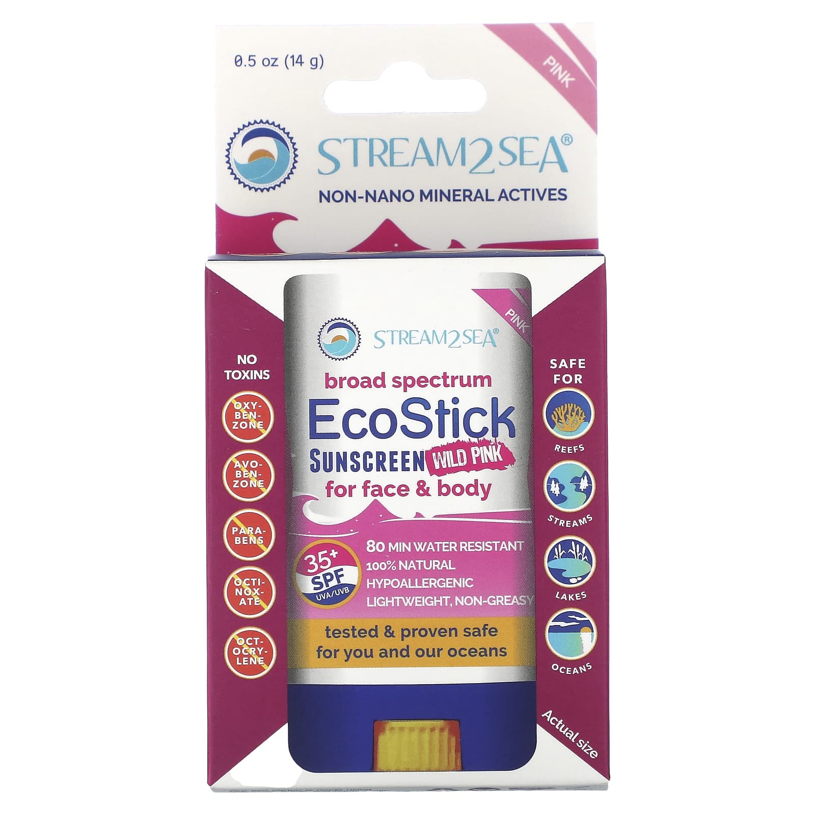 Stream2Sea, EcoStick Sunscreen Wild Pink, SPF 35+, 14 г (0,5 унции)