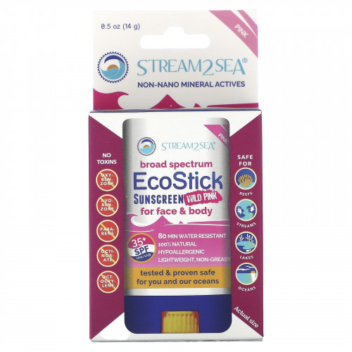Stream2Sea, EcoStick Sunscreen Wild Pink, SPF 35+, 14 г (0,5 унции)