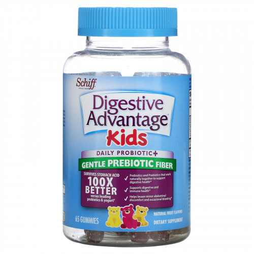 Schiff, Digestive Advantage Kids, ежедневный пробиотик и мягкая пребиотическая клетчатка, натуральные фрукты, 65 жевательных таблеток