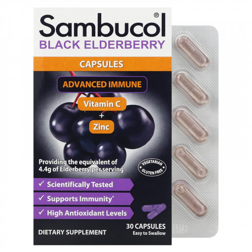 Sambucol, капсулы черной бузины с комплексом Advanced Immune, витамином C и цинком, 30 капсул