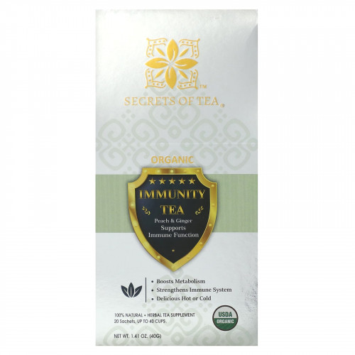Secrets of Tea, органический чай для укрепления иммунитета, персик и имбирь, 20 пакетиков, 40 г (1,41 унции)