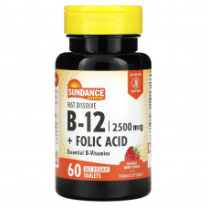 Sundance Vitamins, быстрорастворимый витамин B12 с фолиевой кислотой, с натуральным ягодным вкусом, 60 быстрорастворимых таблеток