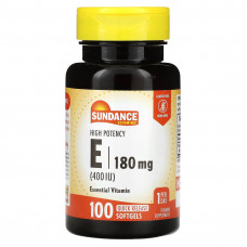 Sundance Vitamins, Витамин E, высокая эффективность, 180 мг (400 МЕ), 100 капсул быстрого высвобождения