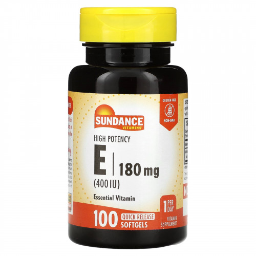 Sundance Vitamins, Витамин E, высокая эффективность, 180 мг (400 МЕ), 100 капсул быстрого высвобождения