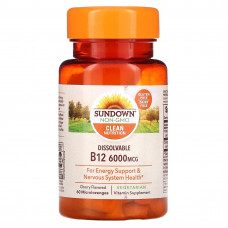 Sundown Naturals, Витамин B12 для рассасывания, ароматизатор «Вишня», 6000 мкг, 60 микропастилок для рассасывания
