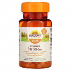 Sundown Naturals, Dissovable B12, вишня, 5000 мкг, 90 микролозиц