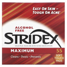 Stridex, Одношаговое средство от угрей, максимальная сила, без спирта, 55 мягких салфеток