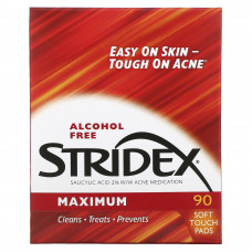 Stridex, Одношаговое средство от угрей, максимальная сила, без спирта, 90 мягких салфеток