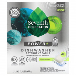 Seventh Generation, Пакеты с моющим средством Power + для посудомоечной машины, Fresh Citrus, 40 упаковок, 600 г (21,1 унции)