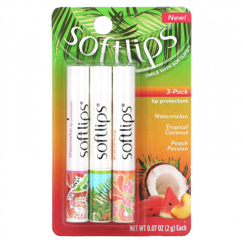 Softlips, Средство для губ, арбуз, тропический кокос, персиковая страсть, 3 пакетика по 2 г (0,07 унции)