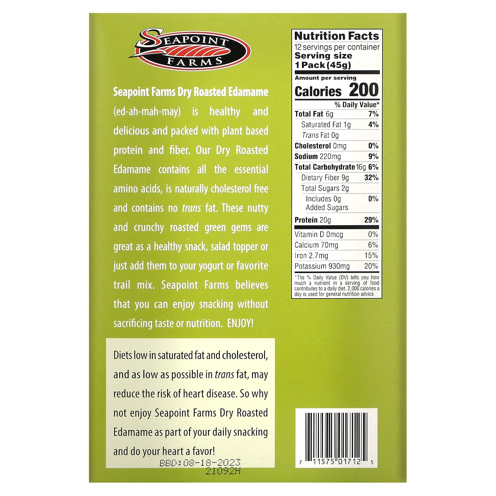 Seapoint Farms, Сухой жареный эдамам, острый васаби, 12 упаковок по 45 г (1,58 унции) каждая