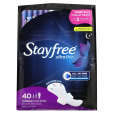 Stayfree, Ultra Thin, Overnight with Wings`` 40 подушечек