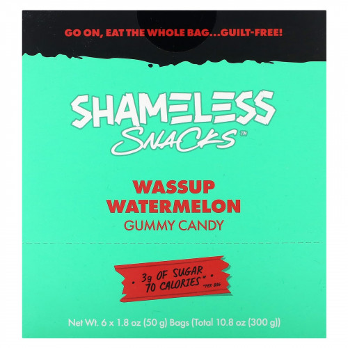 Shameless Snacks, Wassup, жевательные конфеты, арбуз, 6 пакетиков по 50 г (1,8 унции)