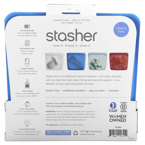 Stasher, Многоразовый силиконовый пищевой пакет, размер сэндвичей, средний, голубика, 450 мл (15 жидк. Унций)