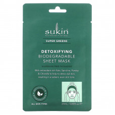 Sukin, Super Greens, детоксифицирующая биоразлагаемая тканевая маска, 1 шт., 25 мл (0,85 жидк. Унции)