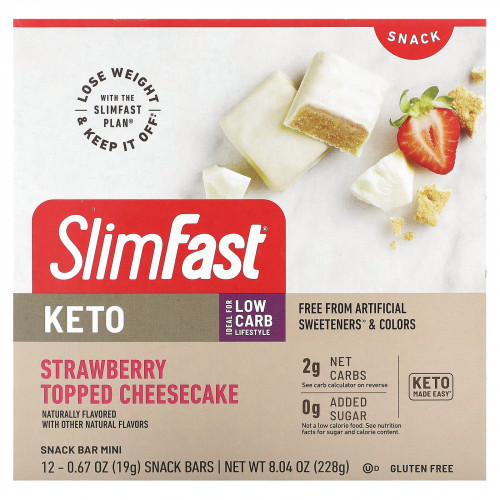 SlimFast, Keto Snack Bar Mini, чизкейк с клубникой, 12 пакетиков, 19 г (0,6 унции)