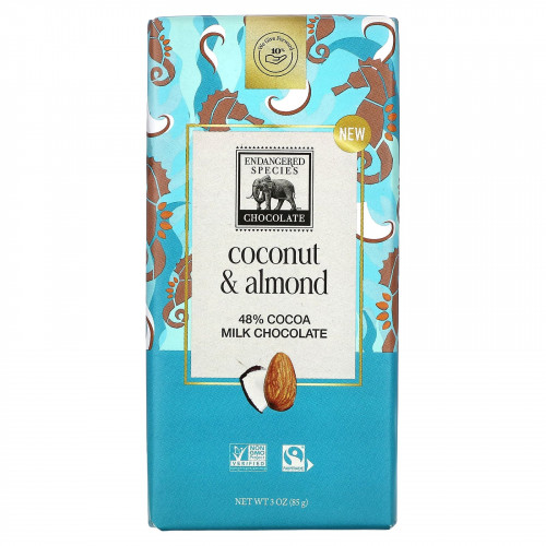 Endangered Species Chocolate, Плитка молочного шоколада, кокос и миндаль, 48% какао, 85 г (3 унции)