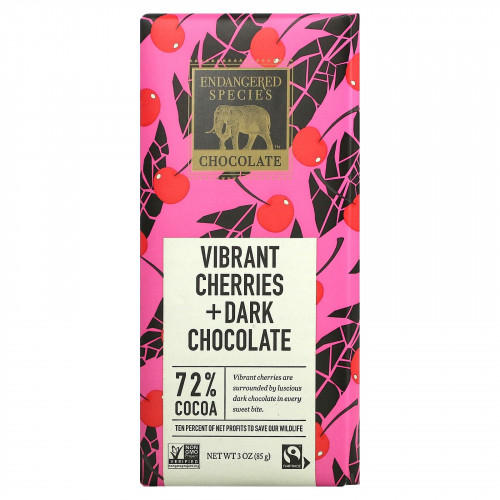 Endangered Species Chocolate, Яркая вишня + темный шоколад, 72% какао, 3 унции (85 г)