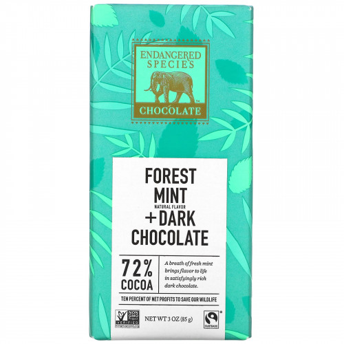 Endangered Species Chocolate, лесная мята + черный шоколад, 72% какао, 85 г (3 унции)