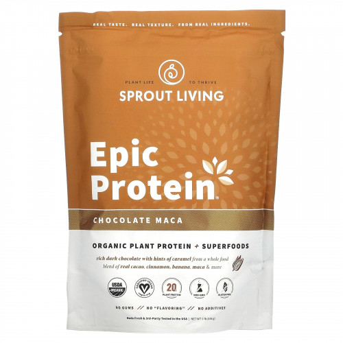 Sprout Living, Epic Protein, органический растительный протеин и суперпродукты, шоколад и мака, 455 г (1 фунт)