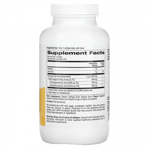 Super Nutrition, рыбий жир с омега-3, 650 мг, 240 капсул из рыбьего желатина