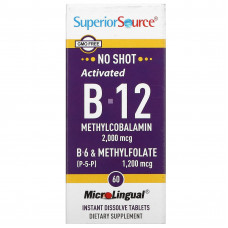 Superior Source, активированный витамин B12 (метилкобаламин), витамин B6 (P-5-P) и метилфолат, 2000 мкг/1200 мкг, 60 таблеток