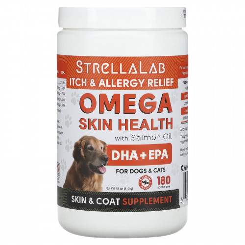 StrellaLab, Omega Skin Health с жиром лосося, для собак и кошек, со вкусом лосося, 180 жевательных таблеток, 513 г (18 унций)