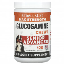 StrellaLab, жевательная таблетка с глюкозамином Max Strength, для собак старшего возраста, 120 мягких жевательных таблеток, 360 г (12,6 унции)