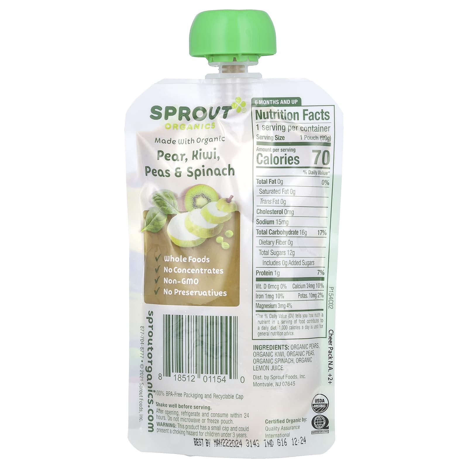 Sprout Organics, детское питание от 6 месяцев, груша, киви, горох и шпинат, 99 г (3,5 унции)