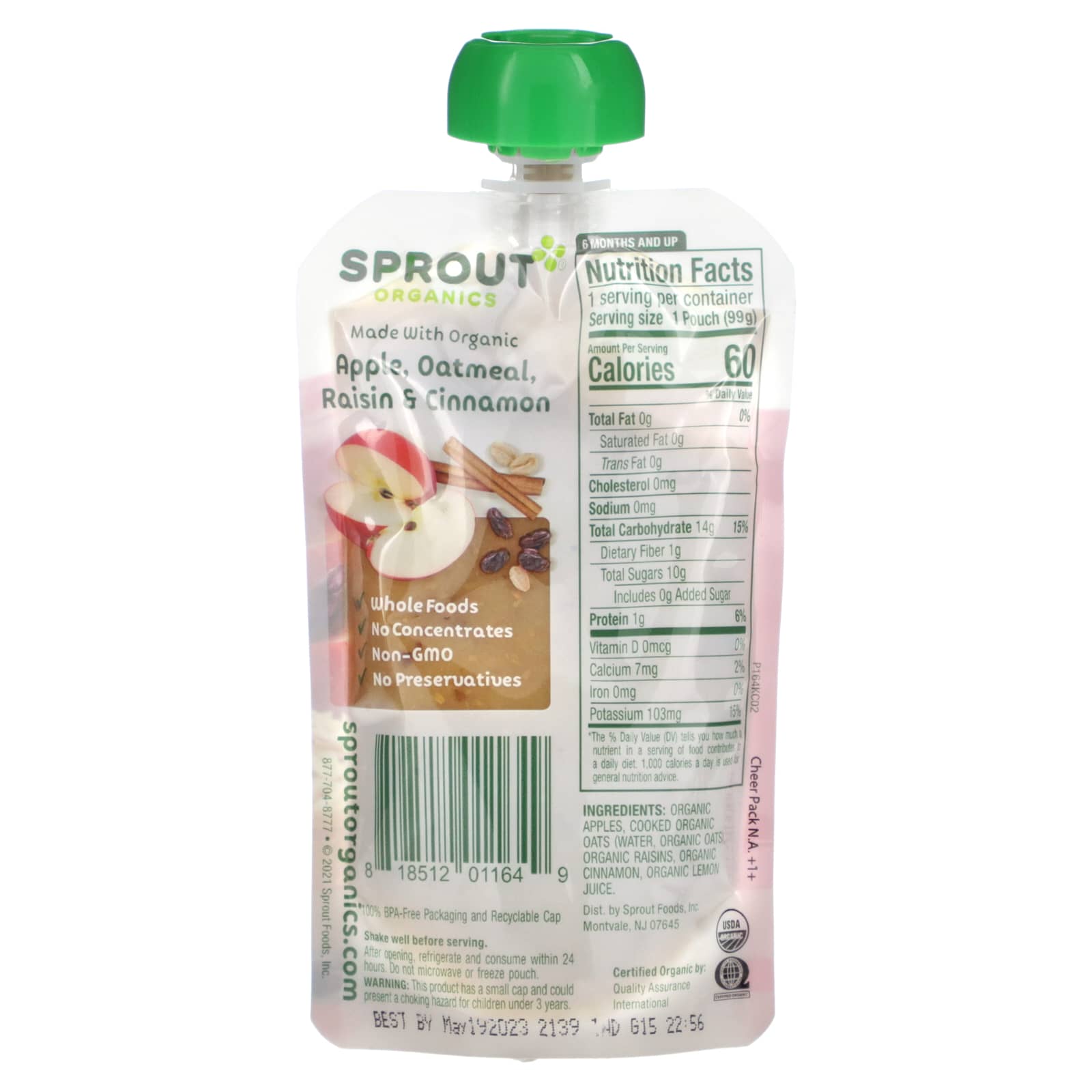 Sprout Organics, Детское питание, от 6 месяцев, яблочно-овсяный изюм с корицей, 99 г (3,5 унции)