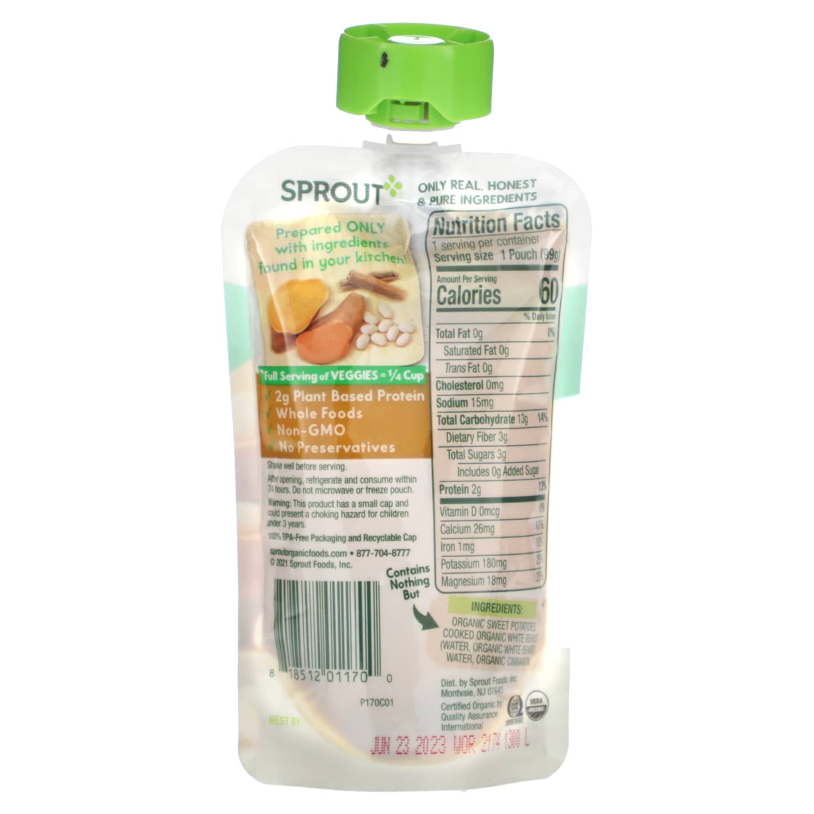 Sprout Organics, Детское питание, от 6 месяцев, белая фасоль из батата с корицей, 99 г (3,5 унции)