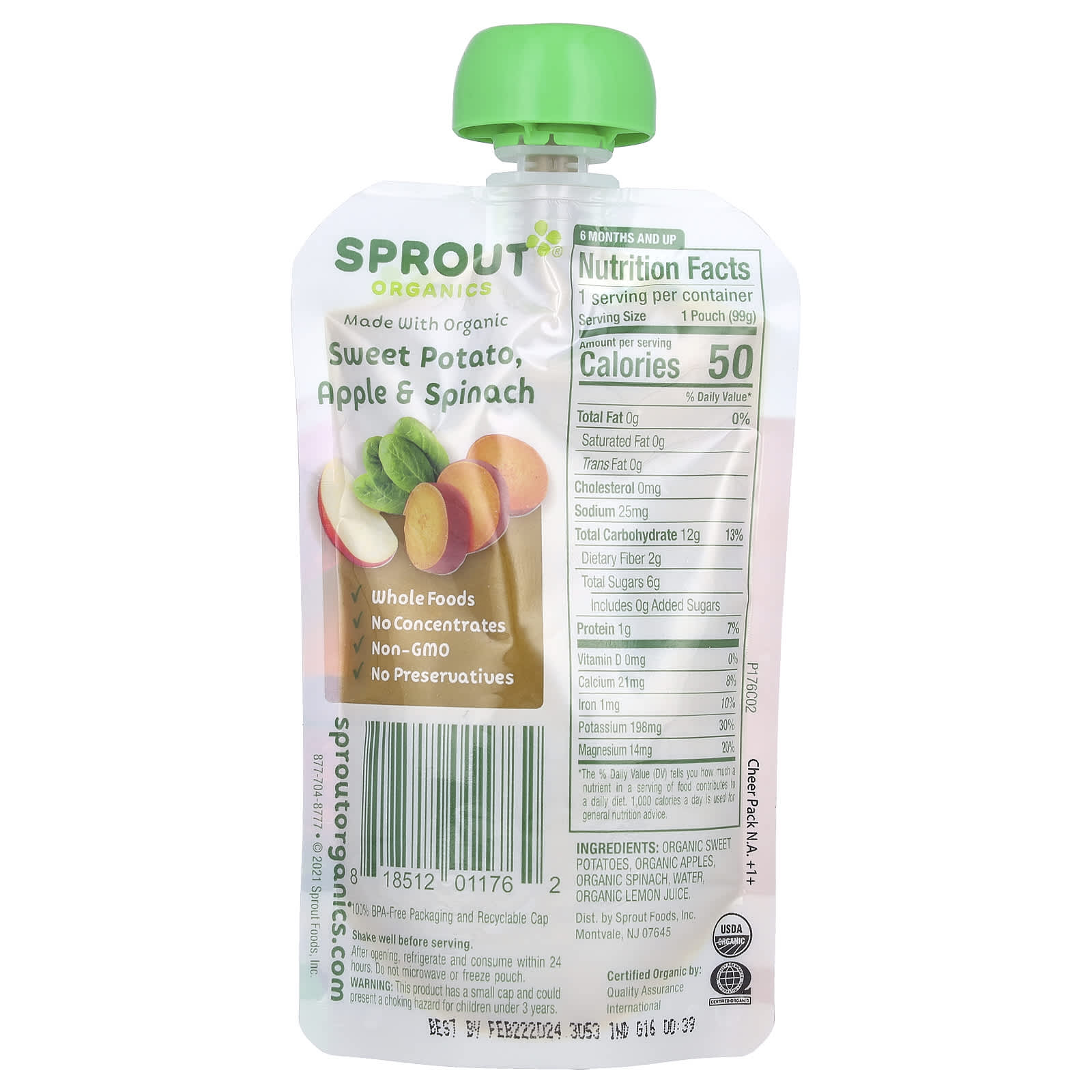 Sprout Organics, детское питание, от 6 месяцев, батат, яблоко и шпинат, 99 г (3,5 унции)