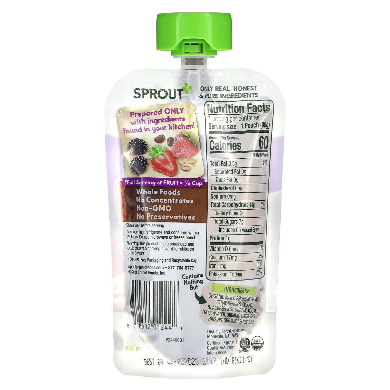 Sprout Organics, Детское питание, от 6 месяцев и старше, ягодная овсянка, 3,5 унции (99 г)