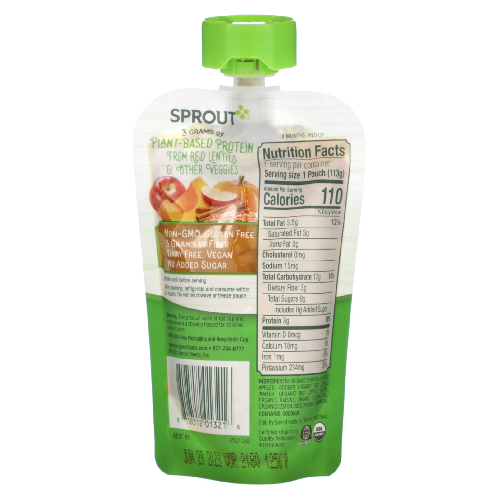 Sprout Organics, Детское питание, от 8 месяцев, тыква, яблоко, красная чечевица с корицей, 113 г (4 унции)