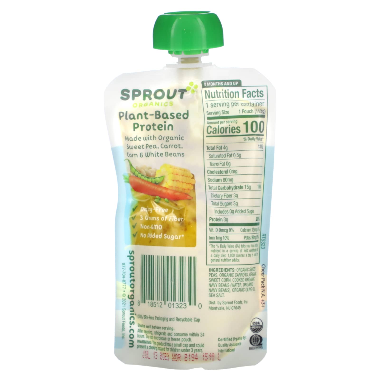 Sprout Organics, Детское питание, белок, для детей от 8 месяцев, органический душистый горошек, морковь, кукуруза и белая фасоль, 113 г (4 унции)