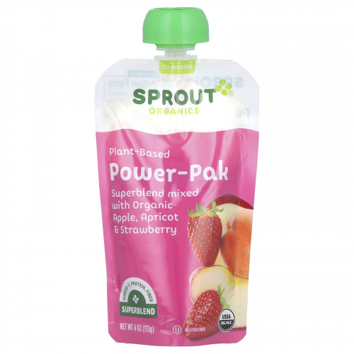 Sprout Organics, Power Pak, от 12 месяцев и старше, яблоко, абрикос и клубника, 113 г (4 унции)