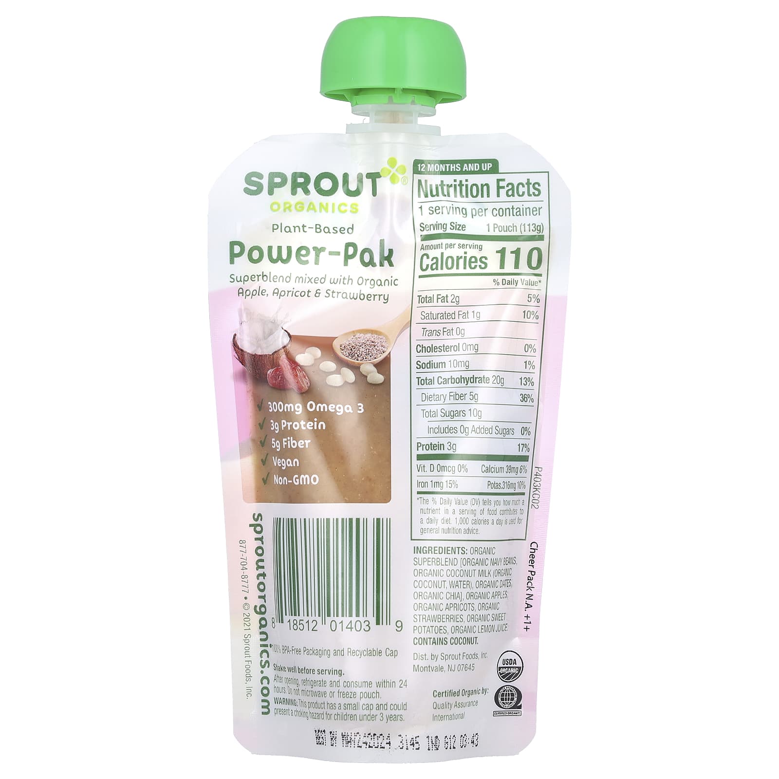 Sprout Organics, Power Pak, от 12 месяцев и старше, яблоко, абрикос и клубника, 113 г (4 унции)