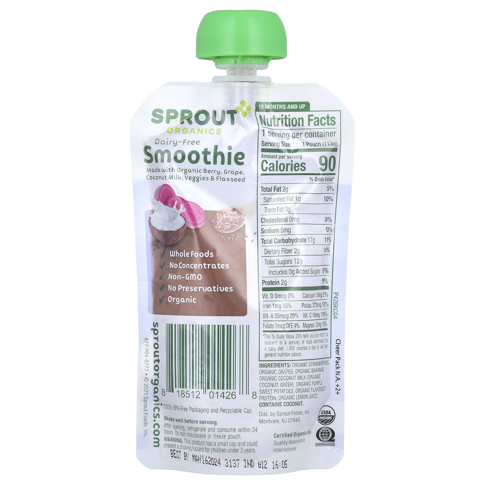 Sprout Organics, детское питание, безмолочный смузи, от 12 месяцев, ягоды, виноград, кокосовое молоко, овощи и семена льна, 113 г (4 унции)