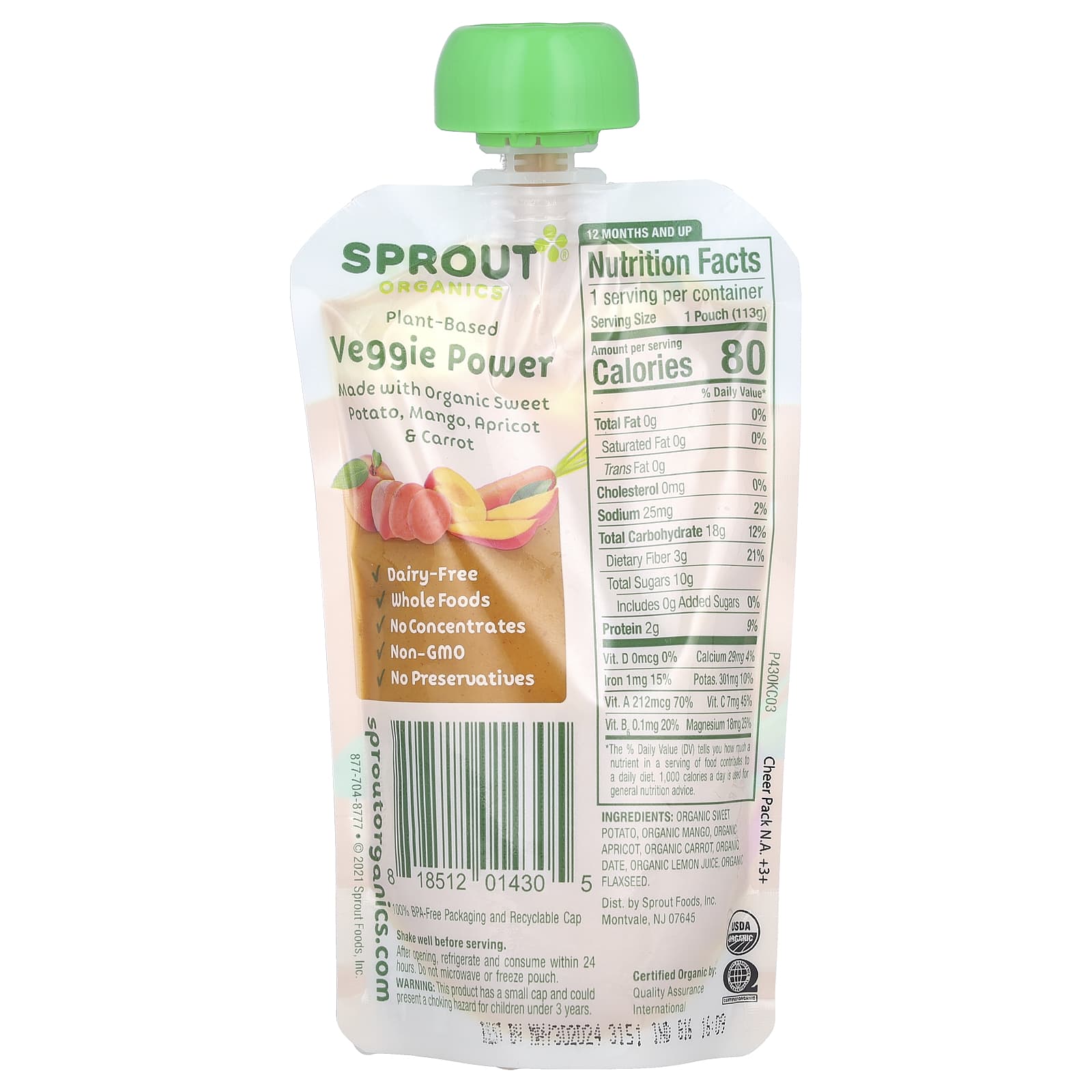 Sprout Organics, Veggie Power, от 12 месяцев, батат, манго, абрикос и морковь, 113 г (4 унции)