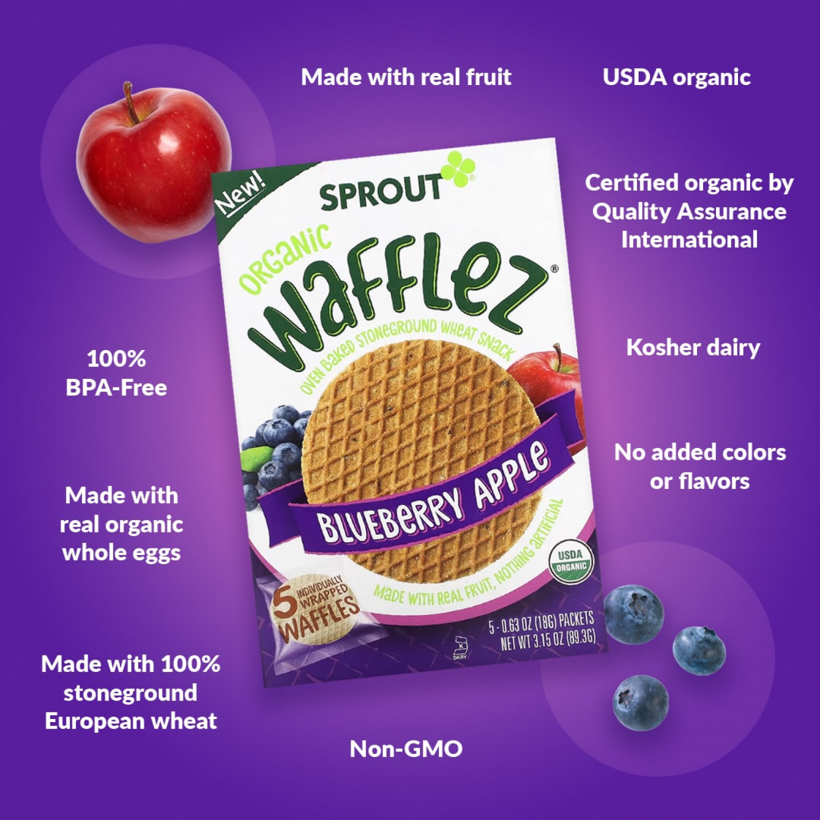 Sprout Organics, Wafflez, вафли с голубикой и яблоком, 5 пакетиков по 18 г (0,63 унции)