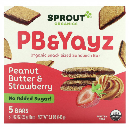 Sprout Organics, PB & Yayz, органический сэндвич-батончик для снеков, с арахисовым маслом и клубникой, 5 батончиков, 29 г (1,02 унции)