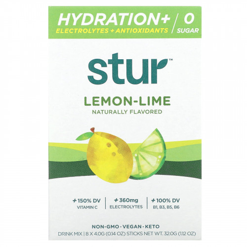 Stur, Смесь для приготовления напитка с гидратацией, электролитами и антиоксидантами, лимон и лайм, 8 палочек по 4 г (0,14 унции)