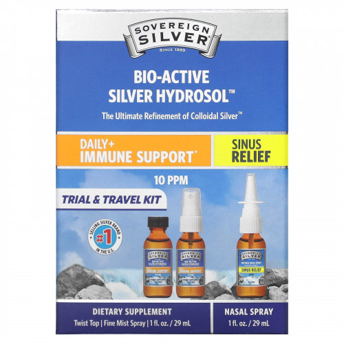 Sovereign Silver, Bio-Active Silver Hydrosol, Daily + Immune Support, Trial & Travel Kit, 10 част. / Млн, 3 шт., По 29 мл (1 жидк. Унция)