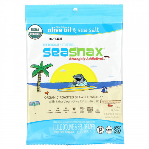 SeaSnax, упаковка органических обжаренных водорослей, оригинальный вкус, 5 больших листов, 15 г (0,54 унции)