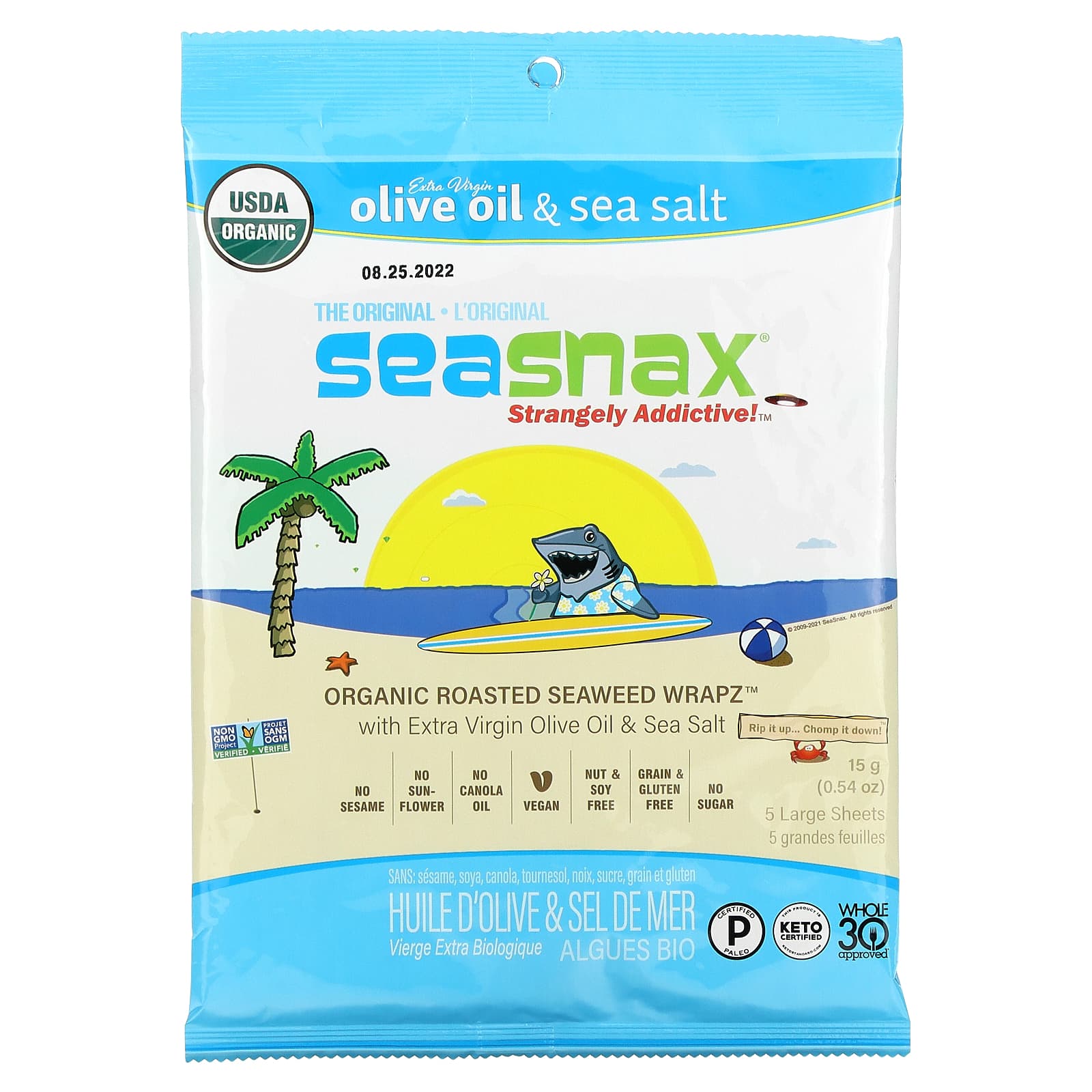 SeaSnax, упаковка органических обжаренных водорослей, оригинальный вкус, 20 больших листов, 60 г (2,16 унции)