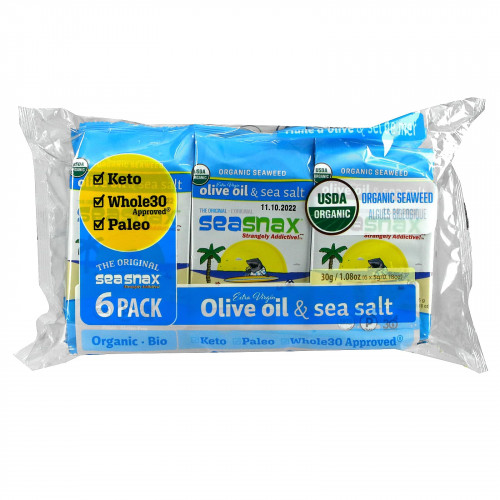 SeaSnax, органические водоросли, оригинальные, нерафинированное оливковое масло высшего качества и морская соль, 6 пакетиков по 5 г (0,18 унции)